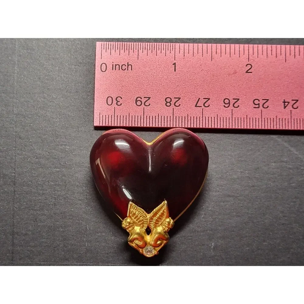 Givenchy Vintage Guardian Angel Cherub Red Lucid Heart Pin Brooch Gold Tone RARE